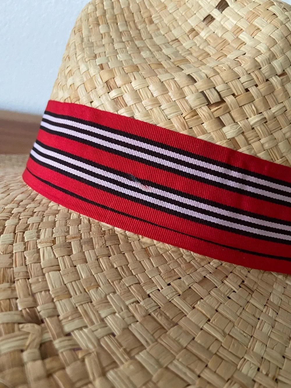 Forever 21 straw hat neutral tan woven summer hat with red ribbon band 57 cm M/L